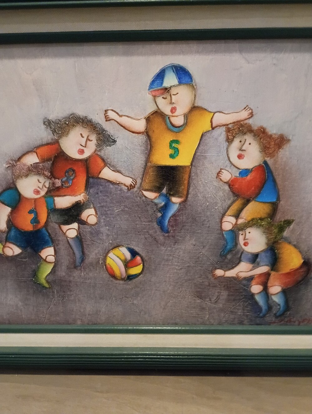 Joyce Roybal Vintage Signed Orig Oil Painting Art Artwork Kids/Soccer Wood Frame